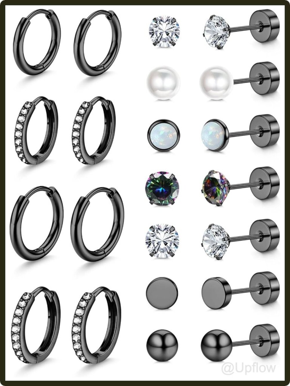 Women's Stainless Steel Flat Back Stud Hoop Earrings Set 11 Pairs Screw Back